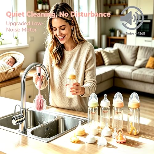 Rechargeable Electric Bottle Brush with 2 Speeds Powerful Automatic Bottle Cleaner,BPA-Free Silicone Spinning Design, Wall Mount & Straw Cleaner,Suitable for Baby Bottles & Kitchen (Pink+Pink) - color: Pink+pink