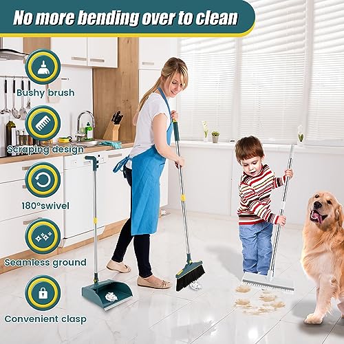 4Pcs Broom and Dustpan Set with Floor Squeegee Rectangular Brush Retractable Upright Broom Dustpan Squeegee Rectangular Brush Combo Set with Long Stainless Steel Handle for Living Room Kitchen Office