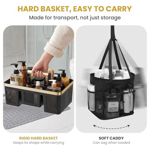 BYUNER Portable Cleaning & Shower Caddy with Handle: Rigid Plastic Basket with 4 Divided Compartments, All-Side Drainage for College Dorm, Bathroom & Utility Use, Black/Gold - color: Black/Gold