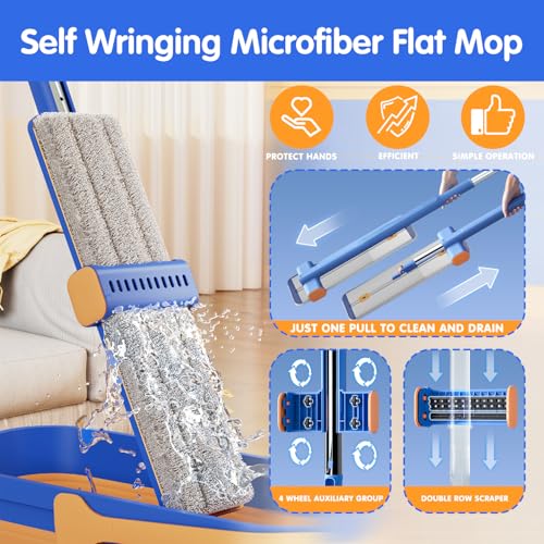 16.5" Self Wringing Flat Mop with Collapsible Bucket, Wet Dry Floor Cleaner System with 55" Long Handle, Foldable Bucket & 5 Microfiber Pads for Hardwood, Tile and Wall - size: New Mop & 5 microfiber mop pads & Folding bucket