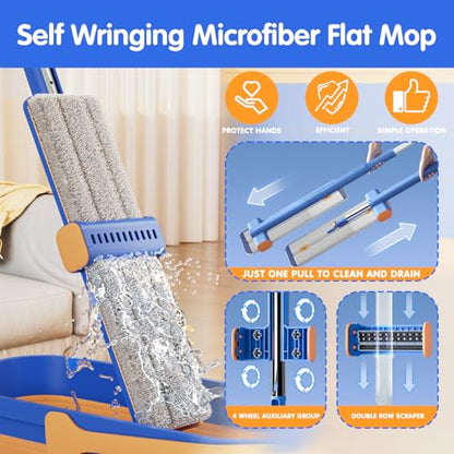 16.5" Self Wringing Flat Mop with Collapsible Bucket, Wet Dry Floor Cleaner System with 55" Long Handle, Foldable Bucket & 5 Microfiber Pads for Hardwood, Tile and Wall - size: New Mop & 5 microfiber mop pads & Folding bucket
