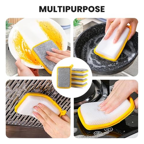 Reusable Washing Up Sponge,Multi-Purpose Absorbent Sponge,Dual-Sided Kitchen and Bathroom Cleaning Products,Bowl Dish Cleaning Pad Scrubber,Kitchen Dishwashing Cleaning Tool 5 Pcs - color: Yellow