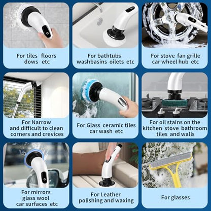 Rechargeable Electric Spin Scrubber, Waterproof Power Cleaner with 7 Brush Heads,1 Window Squeegee,2 Speeds Adjustable Long Handle for Bathroom, Floor, Shower, Tile & Kitchen Cleaning (White)