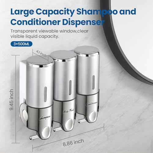 Shampoo and Conditioner Dispenser,Dispensers for The Shower,Shower Soap Dispenser 3 Chamber No Drill,Shampoo Conditioner Body Wash Dispenser Wall Mount for Bathroom(Triple x 17.6 oz,Silver) - color: Silver