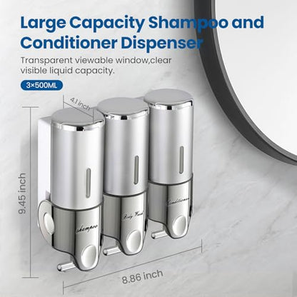 Shampoo and Conditioner Dispenser,Dispensers for The Shower,Shower Soap Dispenser 3 Chamber No Drill,Shampoo Conditioner Body Wash Dispenser Wall Mount for Bathroom(Triple x 17.6 oz,Silver) - color: Silver