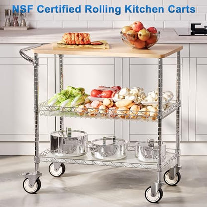 Leteuke Rolling Kitchen Carts with Wheels, 34" L x 17.5" W, 3-Tier Heavy Duty Utility Cart with Wood Tabletop, NSF Commercial Metal Serving Cart with Handle and Shelf Liner for Kitchen, Chrome - color: Wood-chrome