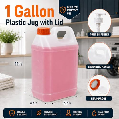 METAPACK 2 Pack 1 Gallon Jug with Pump, HDPE Plastic Laundry Detergent Container, Empty Square Jug for Liquid Soap, Oil, Sauces, Beverage, 4 Labels Included (Translucent) - size: 1Gallon