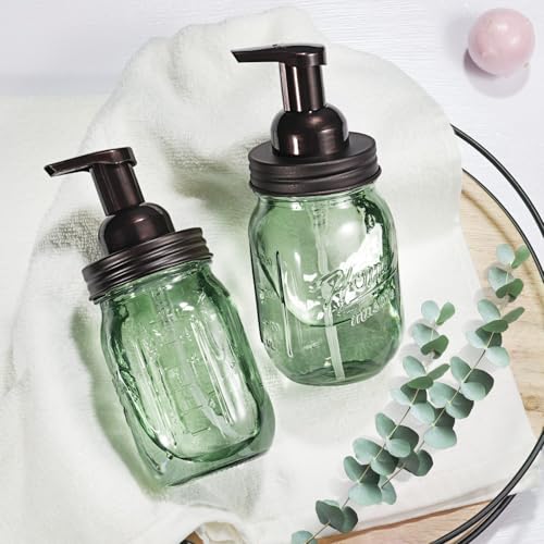 SheeChung Mason Jar Foaming Soap Dispenser, Stainless Steel Lid, Green Glass Foam Hand Soap Dispenser, 16 Oz Refillable Liquid Foam Dispenser Bottle for Bathroom Kitchen, Dish Soap-Bronze, 2 Pack - color: Regular Mouth, Bronze-2 Pack