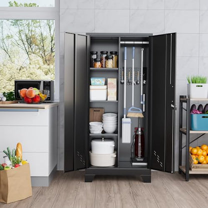 61" Metal Storage Cabinet with Lockable Doors, Cleaning Supply Cabinet with Pegboard and Hanging Rod. Garage Tool Storage Cabinets for Home, Laundry, Office, Home Kitchen Utility Cabinet - size: 61" Cabinet Black
