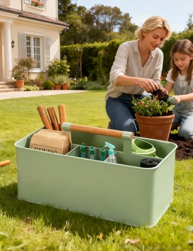 Gardening Tool Caddy, Garden Tool Basket with 4 Compartments, Metal Garden Caddy with Wooden Handle for Indoor & Outdoor - color: Green