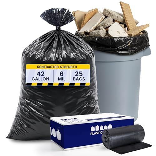 Plasticplace Contractor Trash Bags 42 Gallon │ 6.0 Mil │ Black Heavy Duty Garbage Bag │ 33” x 48” (25 Count) - style: 6.0 Mil, 25 Count