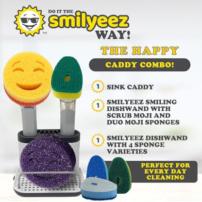 The Original Smiling Handle with Soap Dispensing for the Smiling Sponge with Smilyeez Caddy, Dishwand with Sponges, and 2 Scrub Mojis (Black) - style: Black with Sponge Dishwand