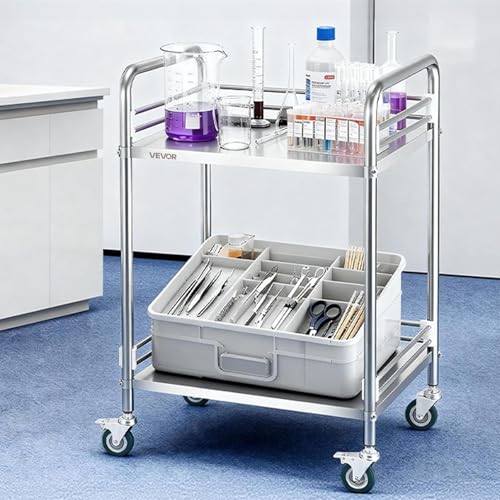 VEVOR Stainless Steel Rolling Cart, 2-Tier Metal Utility Cart with Lockable Wheels, Medical Serving Trolley Clinic Tray, Mobile Service Cart for Hospital, Lab, Restaurant, Kitchen, Salon - size: 2-Layer Shelf