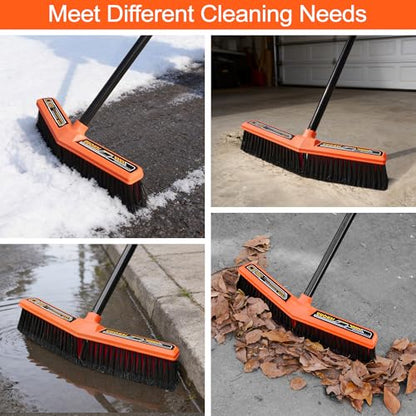 JEHONN Push Broom Outdoor Heavy Duty, 15.7 inches V-Shaped Stiff Bristle Commercial Industrial Brush with 61” Long Handle for Garage Warehouse Shop Garden Patio Driveway Yard Street Deck (Orange)