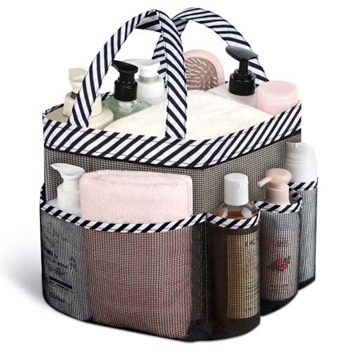 Attmu Mesh Shower Caddy Portable for College Dorm Room Camping Essentials, Shower Caddy Dorm with 9-Pockets, Large Capacity Hanging Basket Bathroom Bag for Toiletry, Swimming, Gym, Camp, Beach - color: White Black