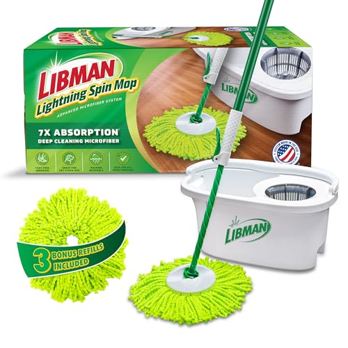 Libman Lightning Spin Mop System Plus 3 Refill Head | Mop and Bucket with Wringer Set | Floor Mop | Spin Mop | Libman Mop | Mops for Floor Cleaning | Hardwood Floor Mop | 4 Total Mop Heads Included - style: Spin Mop +3 Refills