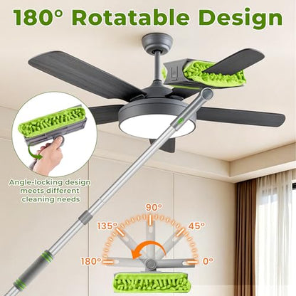 Ceiling Fan Cleaner Duster with 77" Extension Pole, 4-in-1 Reusable Microfiber & Chenille Fan Blade Cleaner, Bendable Fan Duster for Ceiling Fan Blade Blinds Baseboard Cobweb