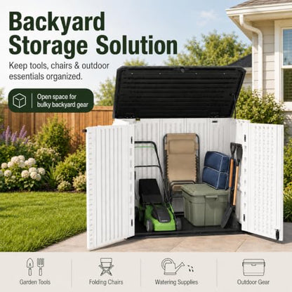 ADDOK 26 Cu.Ft Outdoor Storage Shed with Floor,Large Waterproof Resin Storage Cabinet with Lift-Up Lid,Double Doors and Lockable Design for Lawn Mower,Garden Tools, Patio,Backyard and Pool Supplies - size: 26 Cu.Ft-White