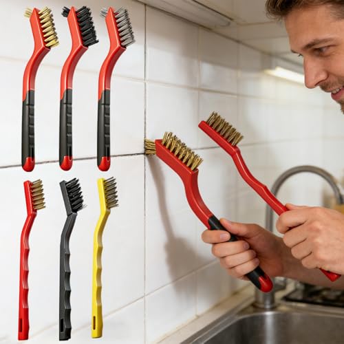 6 Pcs Wire Crevice Cleaning Brush Set - Hard Bristle Crevice Deep Cleaning Brush,Double-Ended Detail Brushes for Kitchen Rust Removal (Multi Colors)