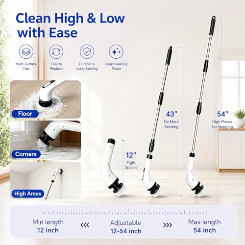 Highyes Electric Spin Scrubber for Bathroom | IPX7 Waterproof Shower Scrubber with Extendable Long Handle，Bathroom Cleaning Scrubber with 7 Reusable Brush Heads