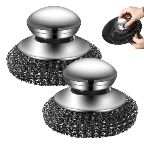 Steel Wool Scrubber with Handle, Upgrade Heavy Duty Stainless Steel Dish Scrubber for Cleaning Dishes, Iron Pots, Stoves, Kitchen Sink (2 pcs) - color: 2 Pcs