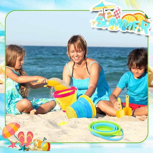 Realspring 3 Pcs Summer Foldable Pail Bucket with Shovels 2.5 L Collapsible Sand Bucket Foldable Beach Toys for Beach Party Outdoor Activity (Classic Color)