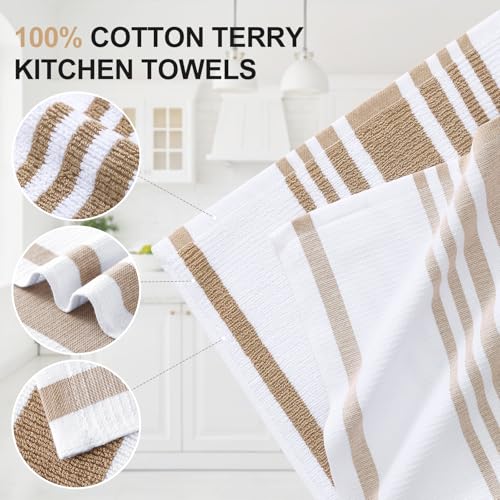 Homaxy Premium Kitchen Towels 18”x 28”, Large Cotton 380 GSM Kitchen Hand Towels, Stripe and Terry Dish Towel, Highly Absorbent Tea Towel Set with Hanging Loop, 3 Pack, Khaki - color: Khaki Stripe, style: 3-pack