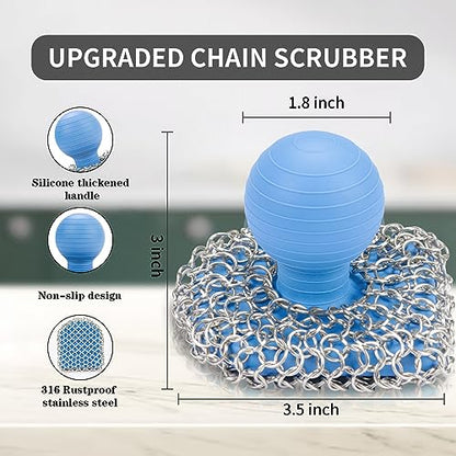 Cast Iron Scrubber with Pan Scraper, 316 Chainmail Scrubber, Upgraded Chain Mail Scrubber Sponge, Cast Iron Cleaner for Grill Pan Skillet Wok Carbon Steel, Dutch Oven Metal Brush Cleaning Kit, Blue - color: Blue