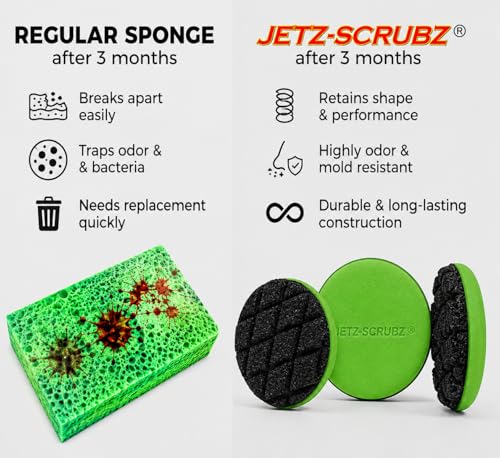 Jetz-Scrubz Scratch-Free Kitchen Scrubber Sponge – Dual Sided Non-Scratch Dish Cleaning Sponge for Cookware, Dishes & Kitchen Surfaces – Odor Resistant, Reusable – Round Scrub Sponges (3 Pack, Green) - color: Green