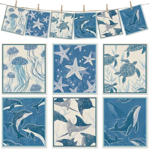6 Packs Swedish Paper Cloths for Kitchen, Reusable Paper Towels Washable Dish Rags, Highly Absorbent Kitchen Towels Quick Drying Swedish Sponge Cleaning Dish Cloths(Deep Blue Sea Creatures) - color: Deep Blue Sea Creatures