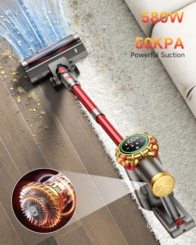 Cordless Vacuum Cleaner, 185AW Powerful Vacuum Cleaner for Home, 65 Mins Stick Vacuum with Self-Stand Design, Anti-Tangle, Lightweight Vacuum Cordless for Hardwood Multi-Surface Floor Carpet Pet Hair
