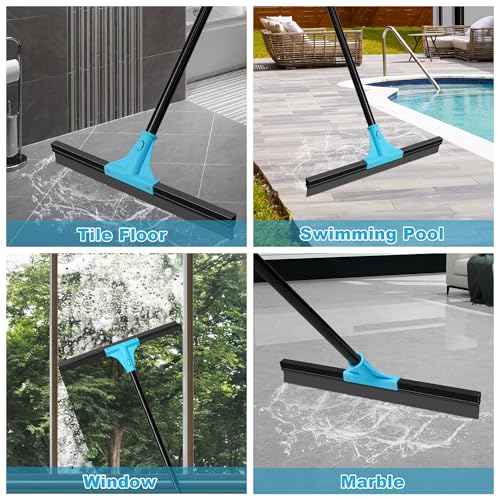 NEWE Floor Squeegee Broom with 18’’ Heavy Duty Rubber Scraper and 58.3’’ Telescopic Long Handle for Garage Concrete Bathroom Tile Shower Glass Marble Deck Window