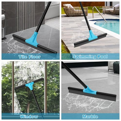 NEWE Floor Squeegee Broom with 18’’ Heavy Duty Rubber Scraper and 58.3’’ Telescopic Long Handle for Garage Concrete Bathroom Tile Shower Glass Marble Deck Window