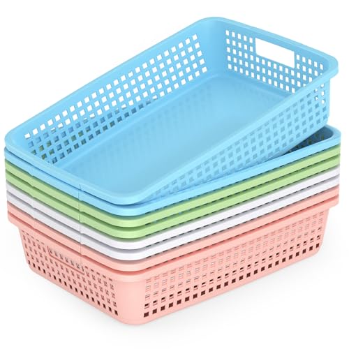 8 Pack Classroom Storage Baskets 15''x10''x3'' Large Plastic Paper Trays with Handle Letter Size A4 Paper Toy Basket Turn in Trays for Library Office Desk Drawer Organizing (8, Pastel Color) - color: Pastel Color