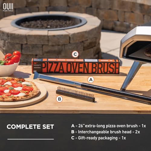 26'' Pizza Oven Brush with Stone Scraper - Includes 2 Brush Heads, Heat-Resistant Silver Stainless Steel Bristles - Long Grip Handle, Compatible with Ooni, Gozney, Blackstone, Solo Stove Ovens - color: Black - 2 Brush Heads