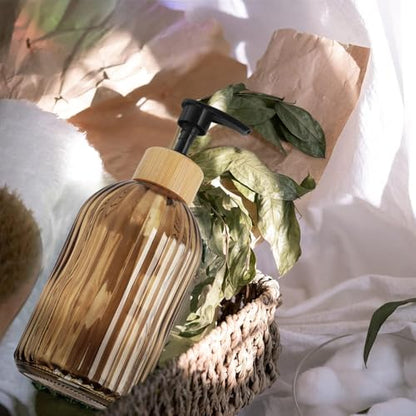 Amber Glass Soap Dispenser with Pump, 2 Pack 13.5oz Vertical Stripe Design Hand Soap Dispenser for Hand Wash, Dish Wash, Elegant Dispenser for Bathroom and Kitchen - color: Striped Amber