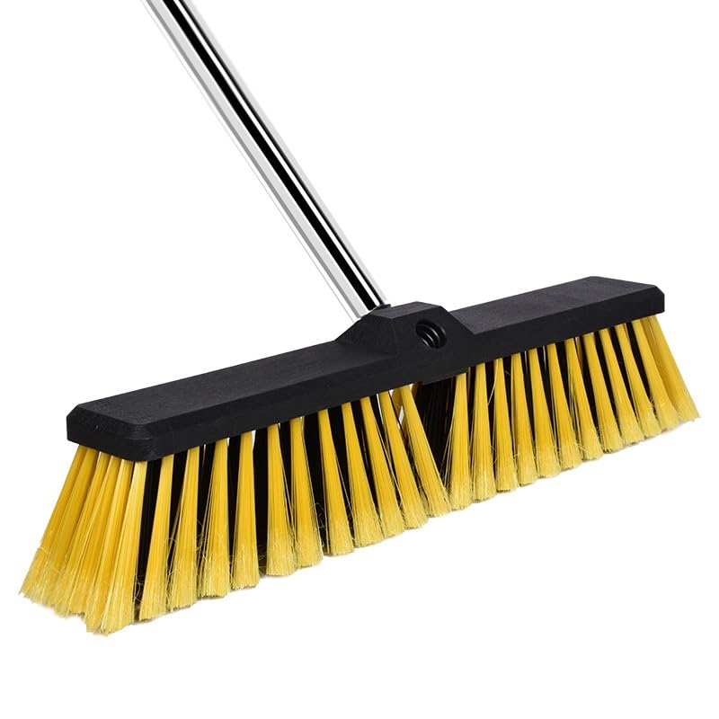 18 Inches Push Broom Outdoor Handle Stiff Bristles Heavy Duty Broom with 61 Long Handle for Cleaning Bathroom Kitchen Deck Driveway Garage Yard TilePatio Concrete Floor Cleaning