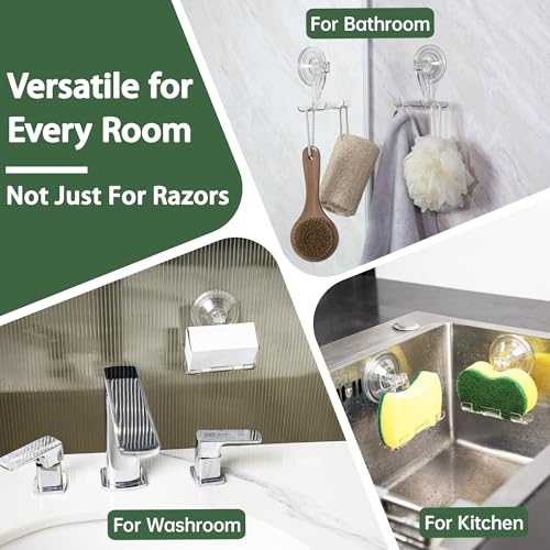 Amuille Suction Cup Razor Holder, 2 Pack Clear Razor Holders for Shower Wall, Reusable Vacuum Shower Razor Hooks, Suction Cup Hooks for Bathroom Kitchen Towel Loofah Shaver