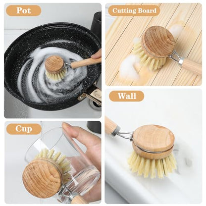 Kifmurase Bamboo Dish Brush with Handle, 10 Pcs Replacement Heads Wooden Kitchen Brush for Dishes, Vegetable Brushes Dish Scrubber for Cleaning Kitchen Room Vegetable Pots and Pans