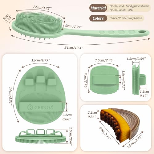 Silicone Back/Body/Face Scrubber & Lymphatic Contour Face Brush Set 4PCS, 13.4'' Soft Back Scrubber, 360° Anti-Slip Bath Glove, Unique Side-bristled Face Scrubber for All-Round Cleaning(Green) - color: Green*4