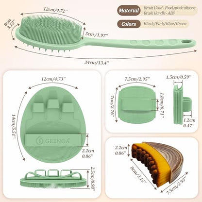 Silicone Back/Body/Face Scrubber & Lymphatic Contour Face Brush Set 4PCS, 13.4'' Soft Back Scrubber, 360° Anti-Slip Bath Glove, Unique Side-bristled Face Scrubber for All-Round Cleaning(Green) - color: Green*4