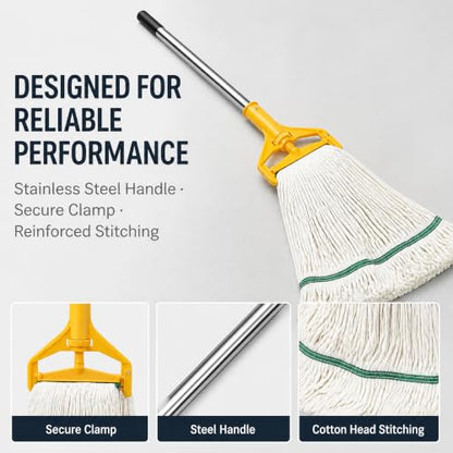 2 Pack 20 Oz Commercial Cotton Mop with 63” Stainless Steel Handle, Heavy Duty Industrial Wet Mop for Floor Cleaning, Commercial Grade Mop for Home, Office, Garage, Tile & Hardwood Floors