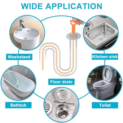 5Pcs Drain Snake, 20In Flexible Durable Sink Snake Auger Cleaner Tool with Barbed Teeth for Kitchen Bathroom Shower Tub Toilet Sewer, Clog Hair Remover Tool, Easy to Use Drain Opener, Orange