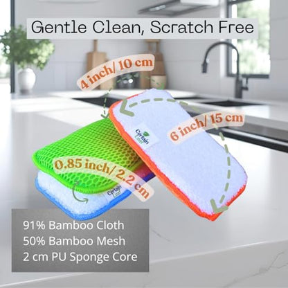 Kitchen Dish Sponge Set, Dual Sided with Rayon derived from Bamboo and Mesh, Non Scratch Kitchen Cleaning Sponge Extra Absorbent Dish Sponge with Long Lasting Durable Scrubber, 6 Pack
