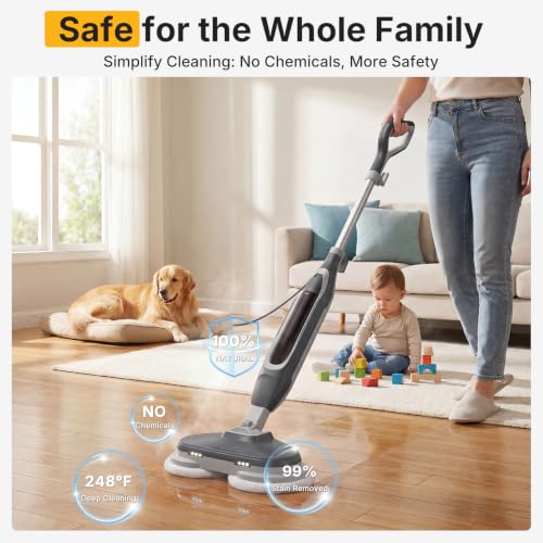 NEWBULIG Steam Mop, All-in-One Steam Mops for Floor Cleaning with Rapid Re-heat, Self-Standing Floor Steamer, 4 Rotating Scrub Pads, 2 LED Headlights, for Hardwood Floors & Tile