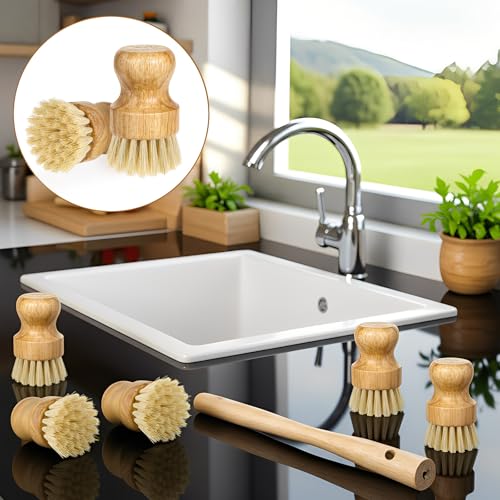 12 Packs Bamboo Dish Scrub Brush Wooden Washing Scrubbers with Sisal Bristles Kitchen Palm Pot Brush Round Mini Dish Brushes for Household Iron Pot Pan Sink Sink Vegetables Cleaning - color: Yellow