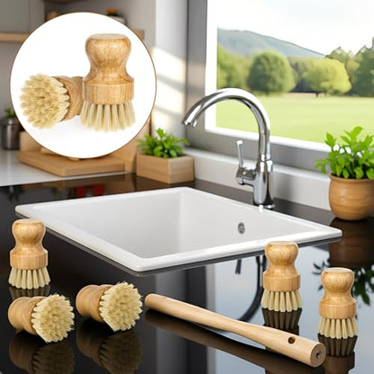 12 Packs Bamboo Dish Scrub Brush Wooden Washing Scrubbers with Sisal Bristles Kitchen Palm Pot Brush Round Mini Dish Brushes for Household Iron Pot Pan Sink Sink Vegetables Cleaning - color: Yellow