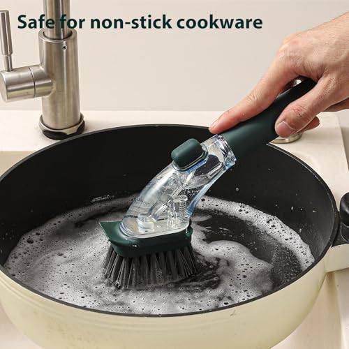 DAPOWER Soap Dispensing Dish Brush with Handle, Kitchen Scrub Brush for Dishes Pots Pans Sink Cleaning (Dark Green) - color: Dark Green