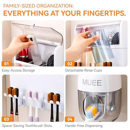 Toothbrush Holder Wall Mounted with Automatic Toothpaste Dispenser, Dustproof Flip Cover and Inverted Cup Slots, Multi-Functional No-Drill Bathroom Organizer for Family, Space Saver (3 Cups) - color: 3 Cups