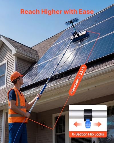 VEVOR Solar Panel Cleaning Kit, 33 ft, Water Fed Pole Kit with Cleaning Brush, Soap Dispenser, Extendable Aluminum Telescopic Pole, 180° Rotatable Brush Head, for Roof Mounted Solar Panels, Windows - size: 33 F